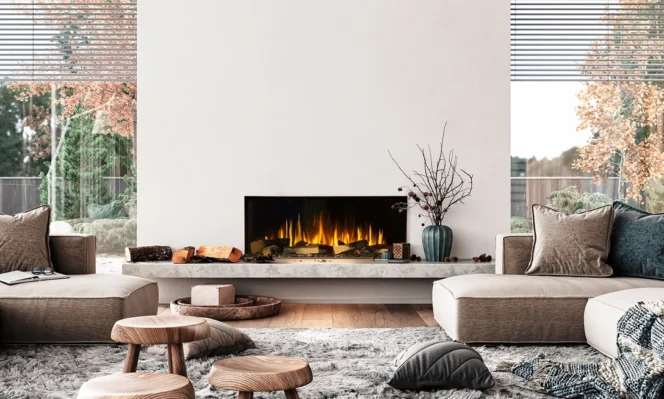 The Signal 40 modern electric fireplace set in a beige livingroom.