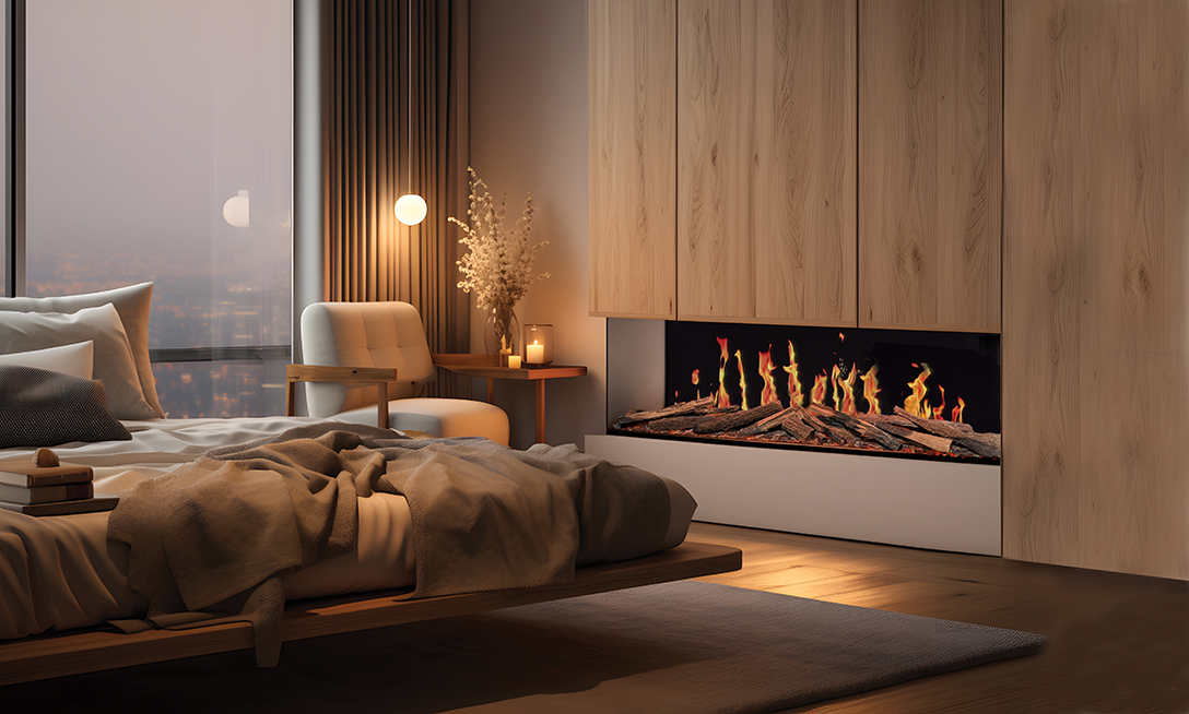 Warn, natural wood beadroom with TrueFlame electric fireplace