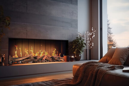 Modern dark wood livingroom with TrueFlame electric fireplace