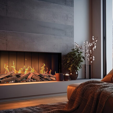 Modern dark wood livingroom with TrueFlame electric fireplace
