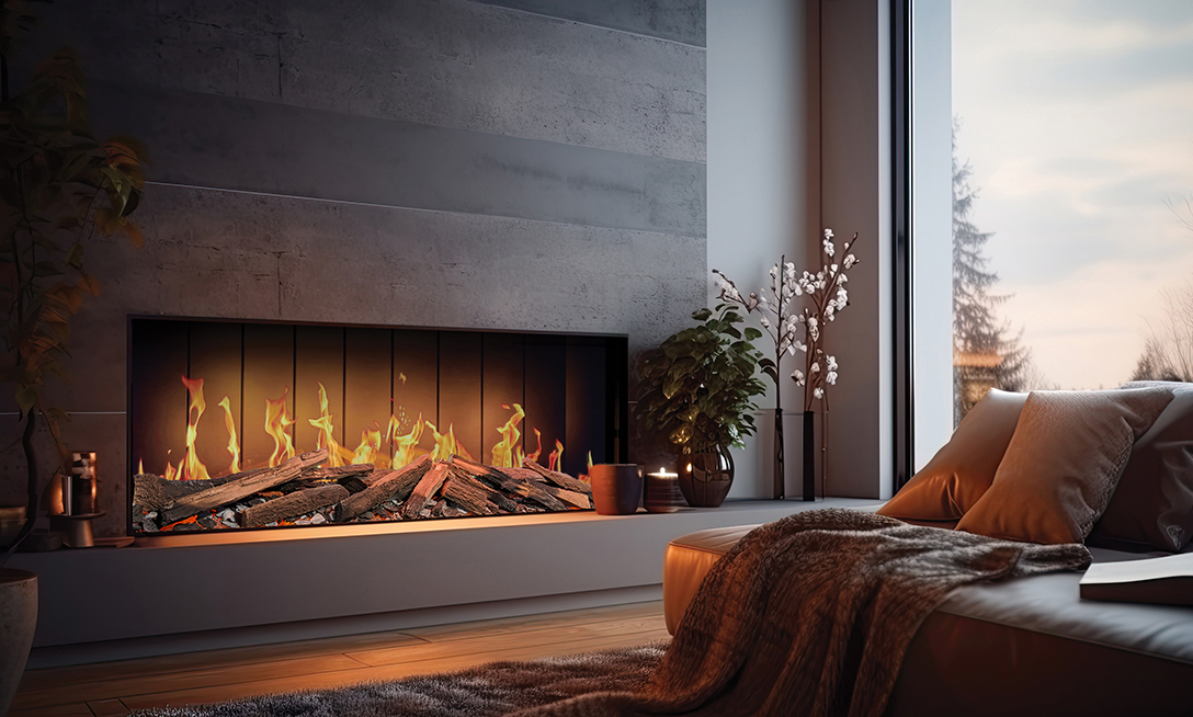 Modern dark wood livingroom with TrueFlame electric fireplace