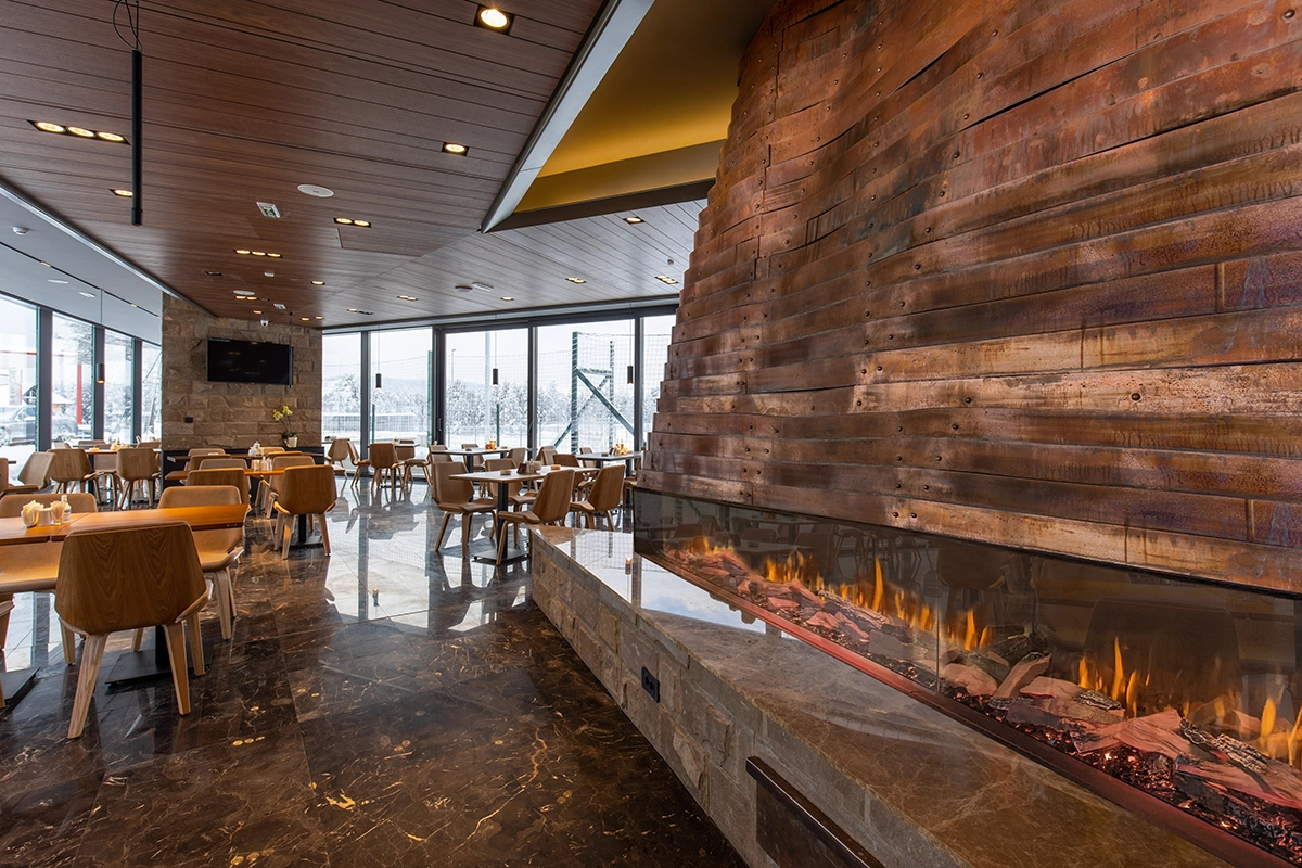 Extra-large electric fireplace can be a focal point in restaurants, lobbies, and large homes.