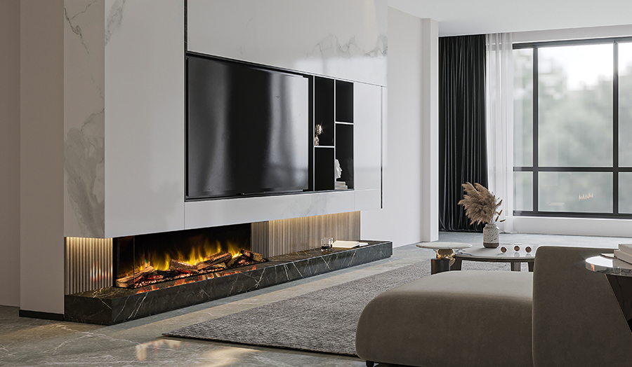 Modern Living Room with Marble Fireplace and TV Wall