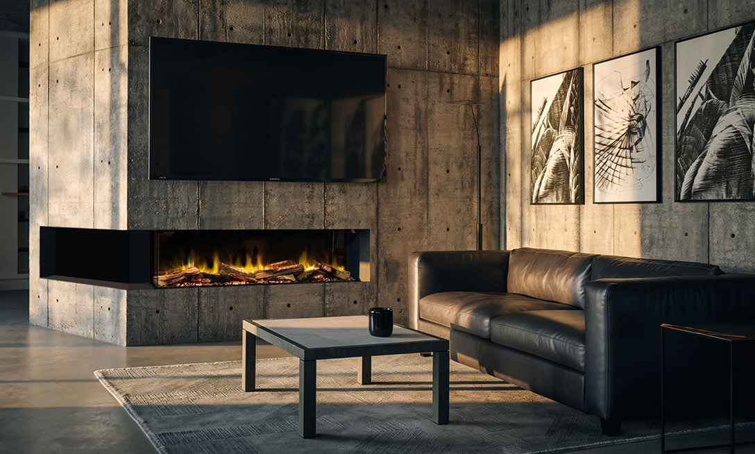 Brutalist living room with modern art and E-FX 1300 Corner electric fireplace