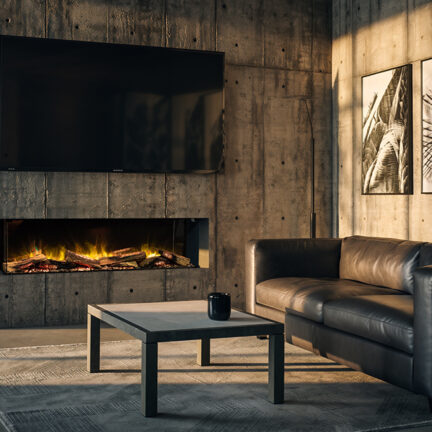 Brutalist living room with modern art and E-FX 1300 Corner electric fireplace