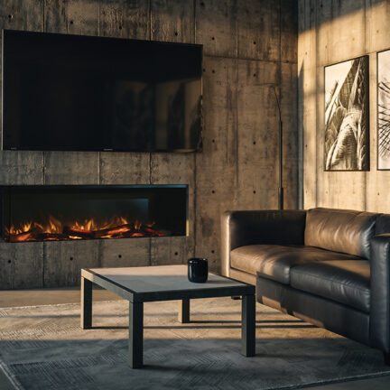 Brutalist living room with modern art and E-FX 1300 Corner electric fireplace