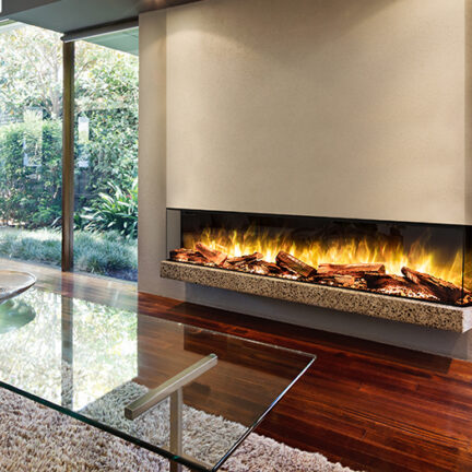 Blazing fire in living room of luxury architect designed house