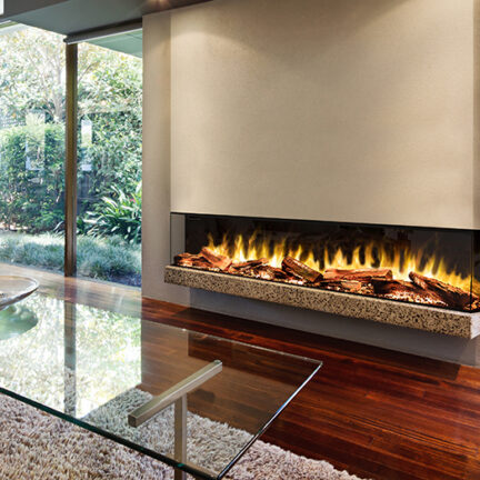 Blazing fire in living room of luxury architect designed house