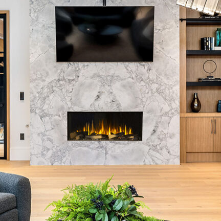 Marble mantle and natural wood with Signal 40 electric fireplace