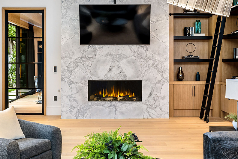 Marble mantle and natural wood with Signal 40 electric fireplace