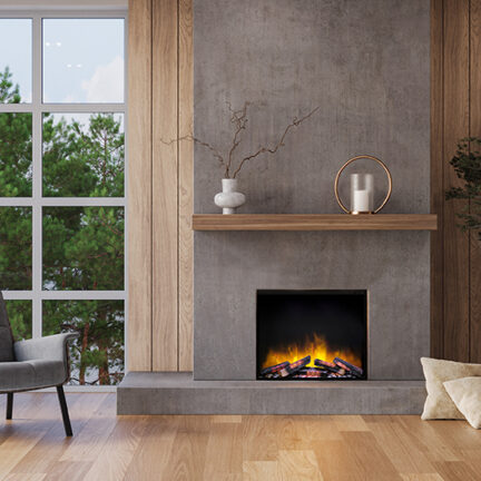 Cozy modern living room with natural wood accents, soft neutral furniture, and a minimalist concrete fireplace. Surrounded by large windows offering a serene forest view, 3d render
