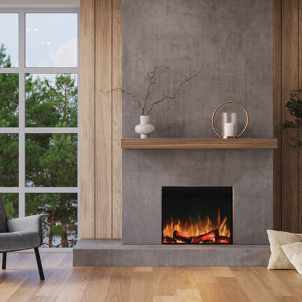 Cozy modern living room with natural wood accents, soft neutral furniture, and a minimalist concrete fireplace. Surrounded by large windows offering a serene forest view, 3d render